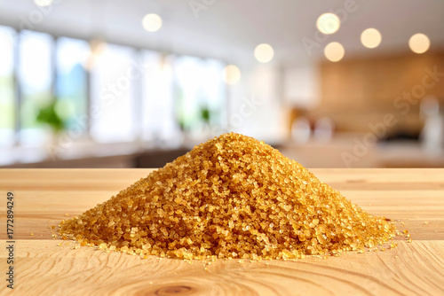 A close-up view of a pile of brown sugar on a wooden surface.
