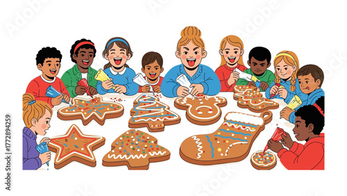 Christmas Cookie Workshop: A group of children, filled with joy, collaboratively decorate festive Christmas cookies, creating holiday magic. 
