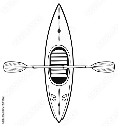Vector Sketch of Single Kayak with Paddle for Summer Water Recreation
