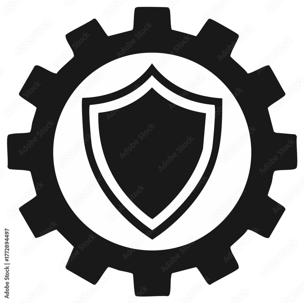 Obraz premium Gear with Shield Symbolizing Protection, Security System, Mechanical Safety, and Technical Defense