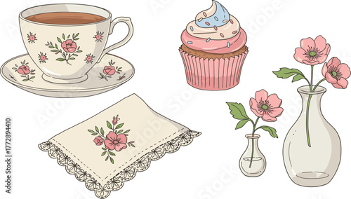 Tea cup, cupcake, napkin, and vases with flowers illustration on transparent background