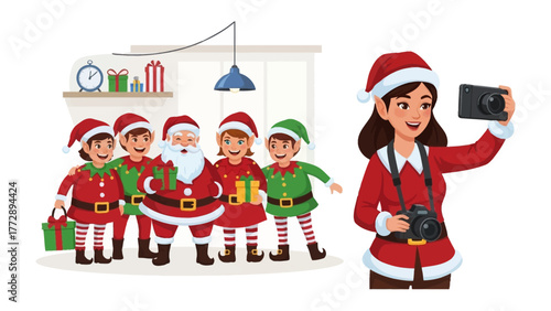 Christmas Gathering Selfie: A festive group composed of Santa, elves, and a photographer captures a joyful selfie, capturing the essence of holiday cheer.