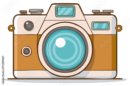 Camera illustration with brown body and blue lens captures vintage photography tools with details