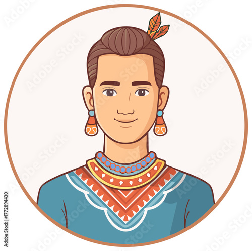 Portrait of a young indigenous man in traditional clothing with feathers in his hair
