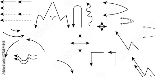 Arrows in black drawn in different directions. Arrows doodles. Set of arrows. black hand drawn arrow set. Collection of hand drawn isolated arrows. Vector hand drawn arrows set isolated on white