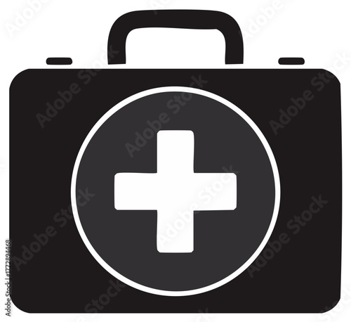 First aid kit icon with white cross graphic. First aid supplies and medical care kit illustration.