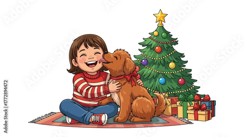 Joyful Christmas Moment: A little girl shares a moment of pure bliss with her canine companion, surrounded by the warmth of the holiday spirit.