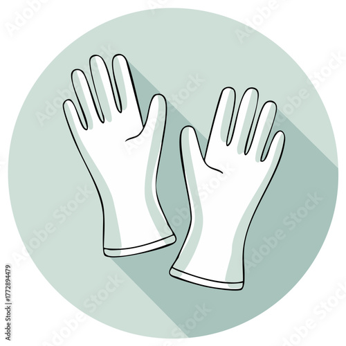 Illustration of a pair of white rubber gloves with long shadow in a green circle