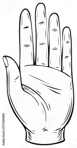 Black and white cartoon hand open palm with outline, lines, and fingers.