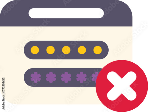 Website login form showing invalid password attempt with a red cross mark icon, concept for failed login attempt, wrong password input