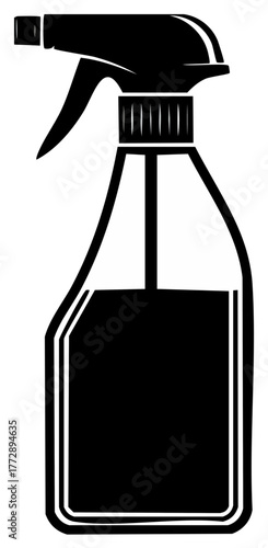 Black silhouette of a spray bottle with trigger and liquid inside, isolated on white background
