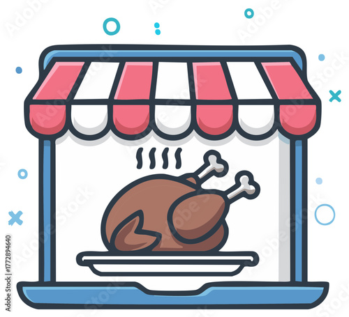Cartoon icon of online food ordering with a hot roasted chicken in a laptop storefront