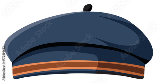 Illustration of a Traditional Blue Beret Hat with an Brown Band and Decorative Pompon