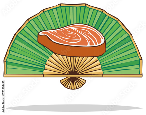 Fresh raw salmon steak resting on a traditional green and gold Asian folding fan vector illustration