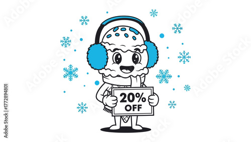 Cool Deal Announcement: An animated ice cream cone, bundled in winter wear and holding a sign with a price reduction, inviting buyers to make the purchase