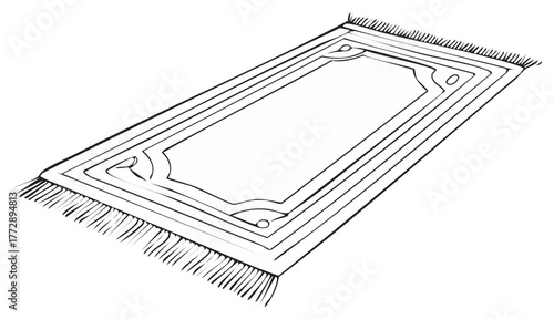 Islamic prayer rug design with border and fringe on white background