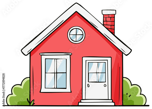 Cartoon illustration of a charming red house with windows, a door, and a brick chimney
