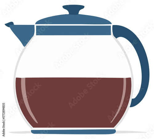 Cartoon Vector Illustration: Glass Teapot Filled with Brown Tea, Blue Lid and Handle