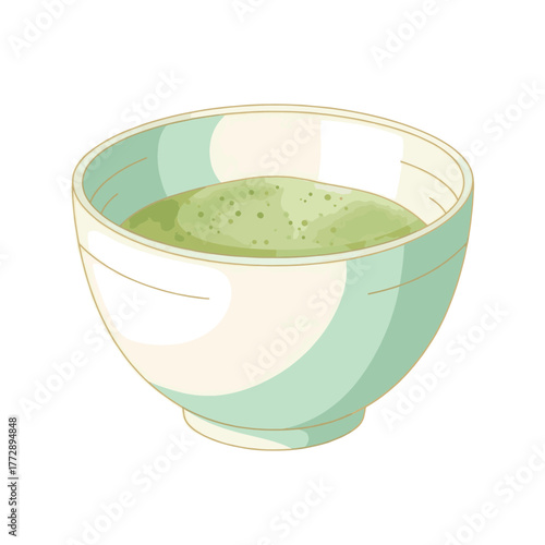 A flat vector illustration of a matcha tea bowl. Traditional Japanese green tea drink. Isolated graphic element for cafe and menu design.