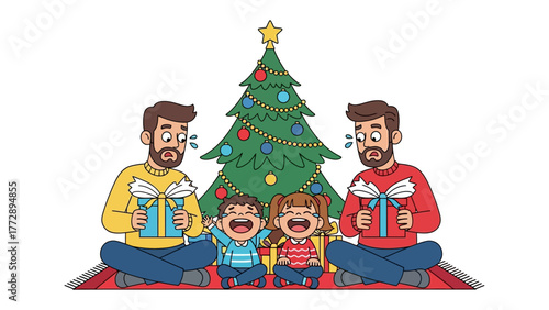 Joyful Christmas Gathering: A heartwarming illustration of a family, with a decorated Christmas tree, gathers to share the joy of gift-giving and festive cheer.