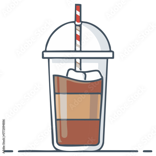 Iced Coffee in Plastic Cup with Straw Illustration Cold Drink Beverage Flat Cartoon Style Image
