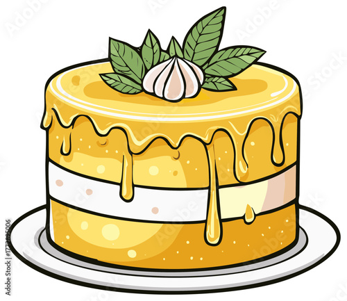 Whimsical Yellow Cake with Dripping Icing and Leafy Garnish on Plate Cartoon Illustration