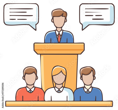 Speaker at a podium addresses an audience during a political debate or business conference