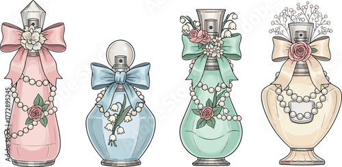 Four illustrated perfume bottles with bows, flowers, and pearl necklaces on transparent background