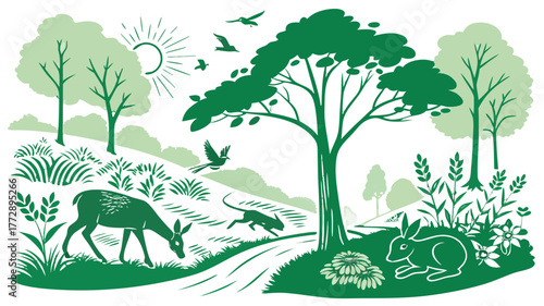 Lush Forest Ecosystem Wildlife Deer Rabbit Birds Silhouette, landscape with trees and birds, Monochrome green vector illustration depicting a lush forest ecosystem teeming with wildlife, 