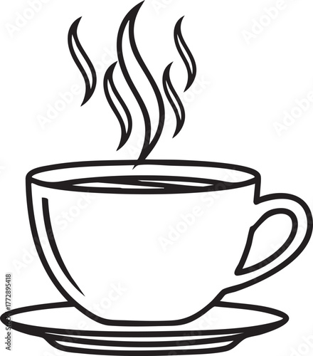 Adobe Illustrator Artwork Steaming Coffee Cup Outline - Black and White Vector Illustration for Cafe, Breakfast, Hot Drinks, and Cozy Morning Concepts