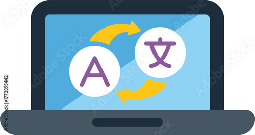 This colorful vector illustration depicts a laptop performing language translation with arrows and letters