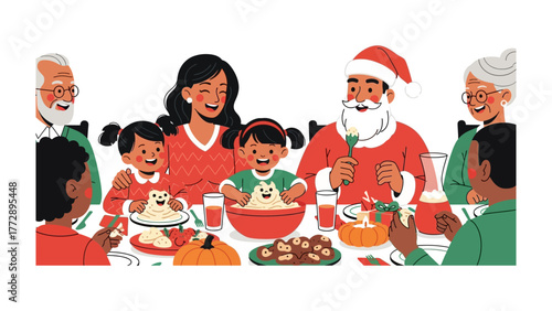 Festive Gathering: A joyful family gathers around a laden table during the holiday season, filled with warmth and cheer, sharing a meal of festive delight and happiness.