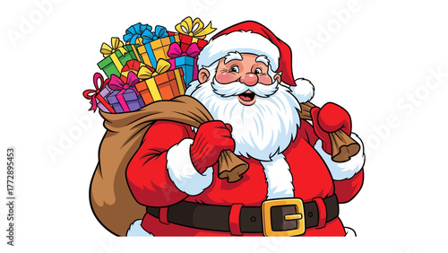 Jolly Saint Nick: Santa Claus, a beacon of festive cheer, is poised, ready to spread happiness with a brimming sack of gifts, evoking the magic and wonder of the holiday season.