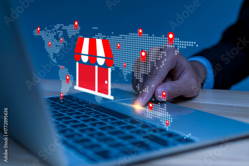 Online Shopping. customer buy product on laptop computer, food delivery, local business, digital marketing, business finance, delivery tracking system, shopping online platform technology concept