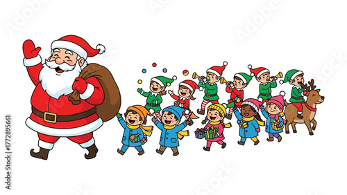 Santa's Festive Procession: Santa Claus leads a joyful parade of children and elves, a vibrant display of holiday cheer. A jolly Santa, the spirit of Christmas, walks among joyous elves and reindeer.
