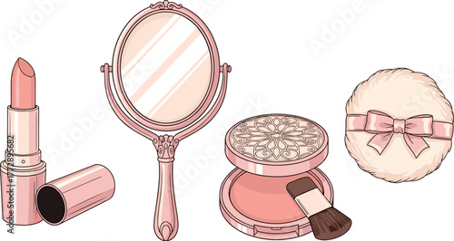 Illustration of pink lipstick, hand mirror, blush compact, and powder puff on transparent background