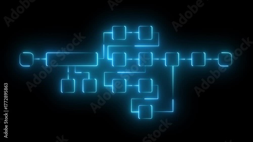 Futuristic neon flowchart diagram with glowing connected blocks and dynamic digital pathways representing system workflow, data processing, and modern technology architecture.