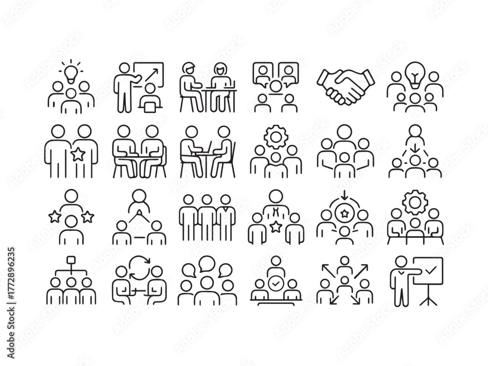 Obraz premium Team Management Collaboration and Business People Line Icons Set.