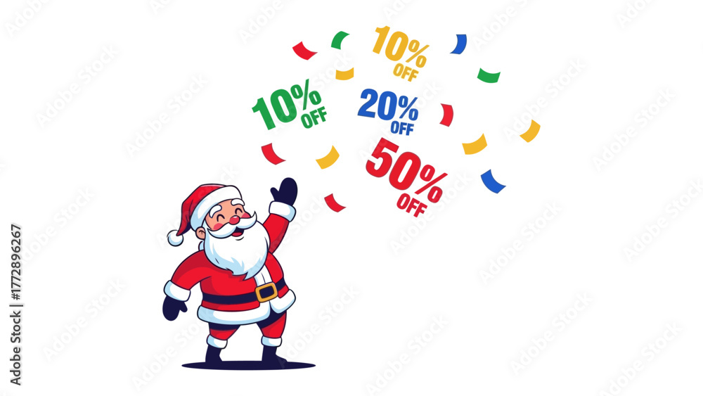 Fototapeta premium Santa's Festive Discounts: Santa Claus, the symbol of Christmas, joyfully extends a hand as vibrant confetti with percentage-off offers showers from above.