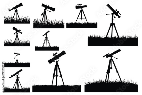 Black silhouette telescopes on tripods in grass vector