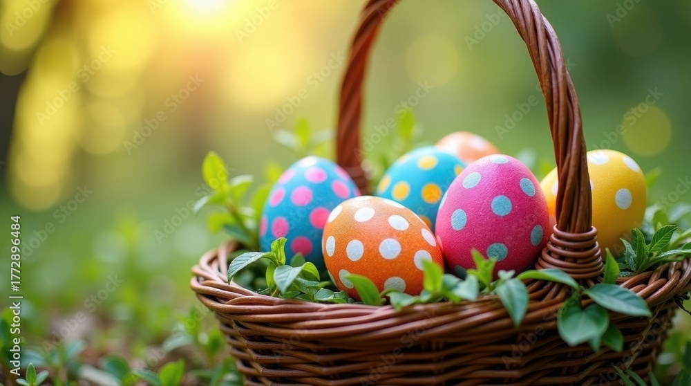Fototapeta premium Vibrant polka dot Easter eggs nestled in a rustic basket, bathed in warm golden sunlight on a lush green meadow