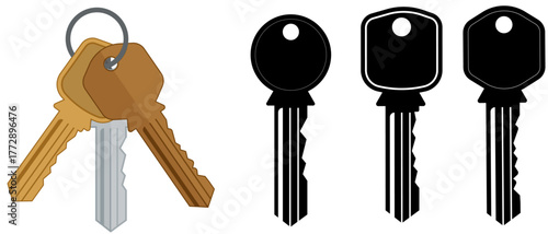 Set of House or building keys in silhouette and colour, security based design element
