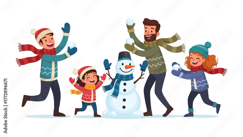 Fototapeta premium Winter Family Fun with Snowball Fight: A joyful family shares a heartwarming winter moment, engaging in a playful snowball fight, a snowman stands amidst the snowy setting. 