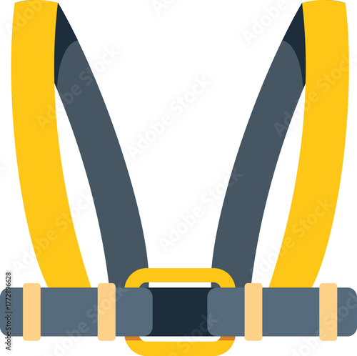 Yellow safety harness with adjustable straps and metal buckles ensuring worker safety on a construction site
