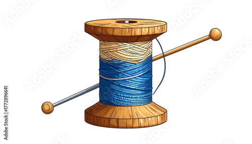 Wooden spool of thread with a needle, depicted with a gradient blue-to-cream yarn and a dark background