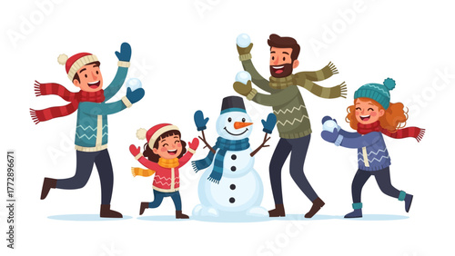 Winter Family Fun with Snowball Fight: A joyful family shares a heartwarming winter moment, engaging in a playful snowball fight, a snowman stands amidst the snowy setting. 