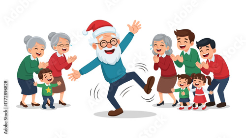 Family Celebration and Laughter: A jovial figure in a Santa hat, radiating joy, dances at the center of an expansive family gathering. The scene is brimming with warmth, togetherness.