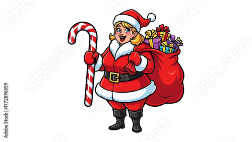 Jolly Woman Carrying Gifts: A jovial woman in a festive red suit and hat, reminiscent of holiday cheer, cheerfully carries a sack full of presents and a candy cane.