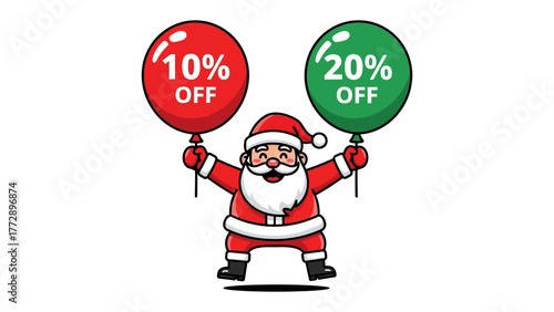 Santa Claus with festive Discount: A jolly Santa Claus, adorned in his iconic red suit, cheerfully presents two balloons highlighting special discounts during the holiday season.