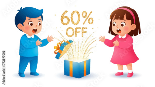 Discount Delight: Two children stand beside an open gift box with a sparkling 60% off offer